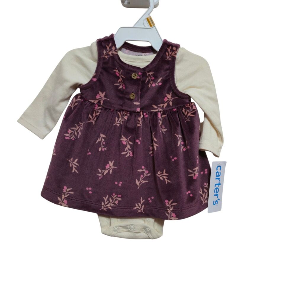 Carter's Velour Dress Set Newborn Baby Girl Purple Flowers Cotton Bodysuit NEW